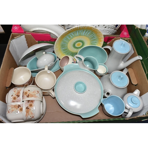 518 - SIX BOXES OF CERAMICS, to include Burleigh Ware tea set,  Jerome Massier floral tea plates, Denby te... 