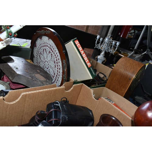 519 - FOUR BOXES AND LOOSE MISCELLANEOUS SUNDRIES, to include a Praktica LTL camera, a Zenith Lomo camera,... 