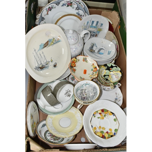 520 - THREE BOXES OF NAMED PART TEAWARE, to include pink and gilt edged Tuscan tea cups, milk and sugar bo... 