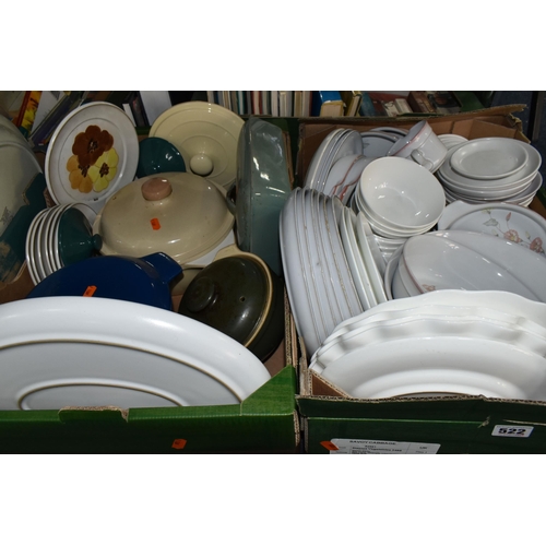 522 - TWO BOXES OF ASSORTED DENBY DINNERWARE, comprising 'Melody' pattern dinner plates and oven dishes, c... 