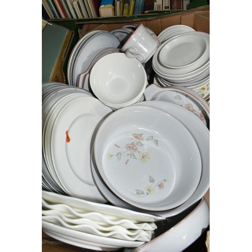 522 - TWO BOXES OF ASSORTED DENBY DINNERWARE, comprising 'Melody' pattern dinner plates and oven dishes, c... 