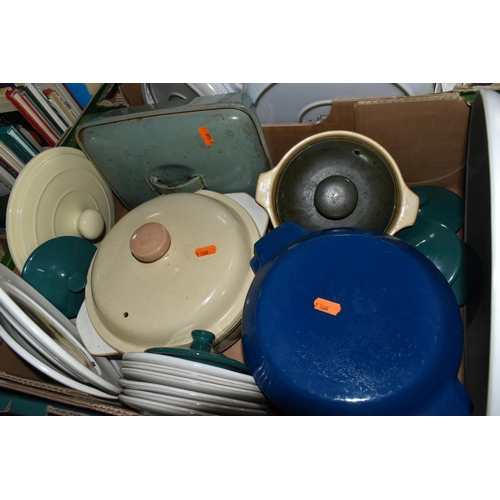 522 - TWO BOXES OF ASSORTED DENBY DINNERWARE, comprising 'Melody' pattern dinner plates and oven dishes, c... 