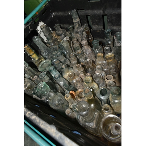 525 - FIVE CRATES OF VINTAGE GLASS BOTTLES AND STONEWARE, to include a collection of over one hundred bott... 