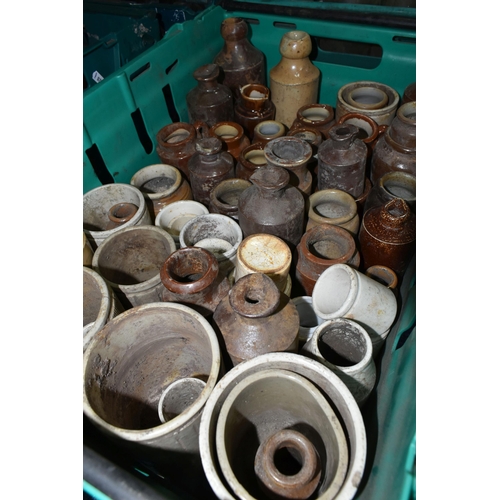 525 - FIVE CRATES OF VINTAGE GLASS BOTTLES AND STONEWARE, to include a collection of over one hundred bott... 