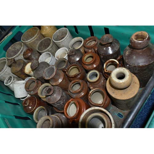 525 - FIVE CRATES OF VINTAGE GLASS BOTTLES AND STONEWARE, to include a collection of over one hundred bott... 