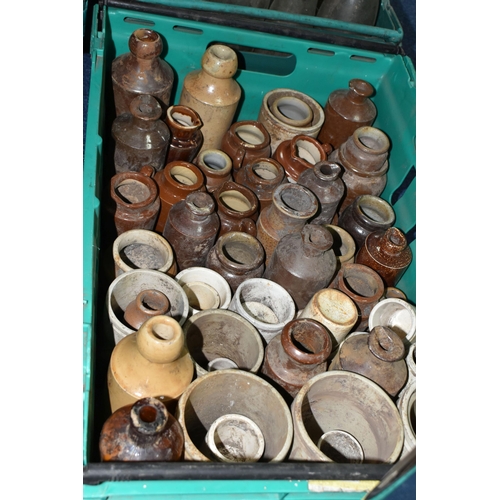 525 - FIVE CRATES OF VINTAGE GLASS BOTTLES AND STONEWARE, to include a collection of over one hundred bott... 