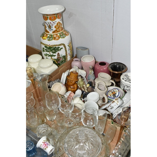 526 - THREE BOXES AND LOOSE CERAMICS AND GLASS WARES ETC, to include eight Royal Grafton 'Winter Scenes' c... 