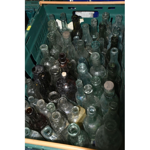 528 - SIX BOXES OF VINTAGE AND ANTIQUE GLASS BOTTLES AND JARS ETC, bottles include Dinneford's Magnesia, W... 