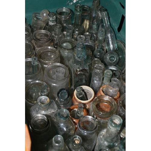 528 - SIX BOXES OF VINTAGE AND ANTIQUE GLASS BOTTLES AND JARS ETC, bottles include Dinneford's Magnesia, W... 