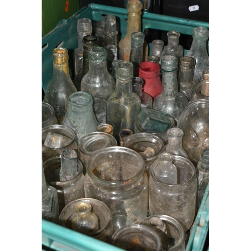 528 - SIX BOXES OF VINTAGE AND ANTIQUE GLASS BOTTLES AND JARS ETC, bottles include Dinneford's Magnesia, W... 