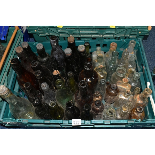 528 - SIX BOXES OF VINTAGE AND ANTIQUE GLASS BOTTLES AND JARS ETC, bottles include Dinneford's Magnesia, W... 