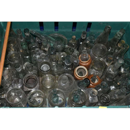 528 - SIX BOXES OF VINTAGE AND ANTIQUE GLASS BOTTLES AND JARS ETC, bottles include Dinneford's Magnesia, W... 