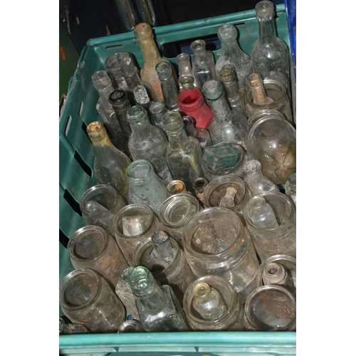 528 - SIX BOXES OF VINTAGE AND ANTIQUE GLASS BOTTLES AND JARS ETC, bottles include Dinneford's Magnesia, W... 