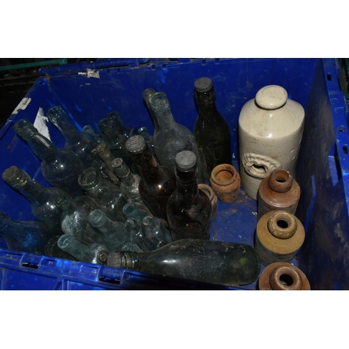 528 - SIX BOXES OF VINTAGE AND ANTIQUE GLASS BOTTLES AND JARS ETC, bottles include Dinneford's Magnesia, W... 