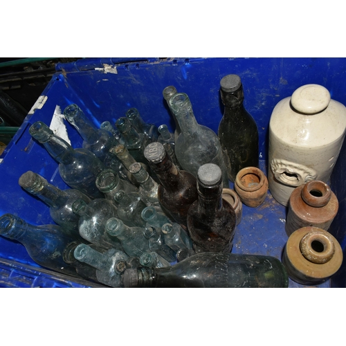 528 - SIX BOXES OF VINTAGE AND ANTIQUE GLASS BOTTLES AND JARS ETC, bottles include Dinneford's Magnesia, W... 