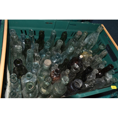 528 - SIX BOXES OF VINTAGE AND ANTIQUE GLASS BOTTLES AND JARS ETC, bottles include Dinneford's Magnesia, W... 