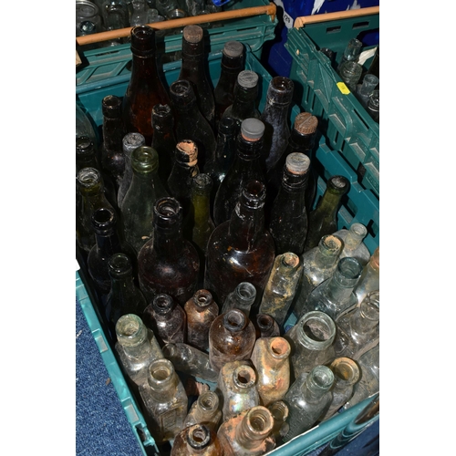 528 - SIX BOXES OF VINTAGE AND ANTIQUE GLASS BOTTLES AND JARS ETC, bottles include Dinneford's Magnesia, W... 