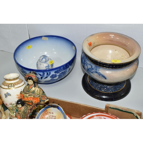 529 - A BOX AND LOOSE ORIENTAL CERAMICS ETC, to include a pair of Chinese storage jars with covers, a pair... 