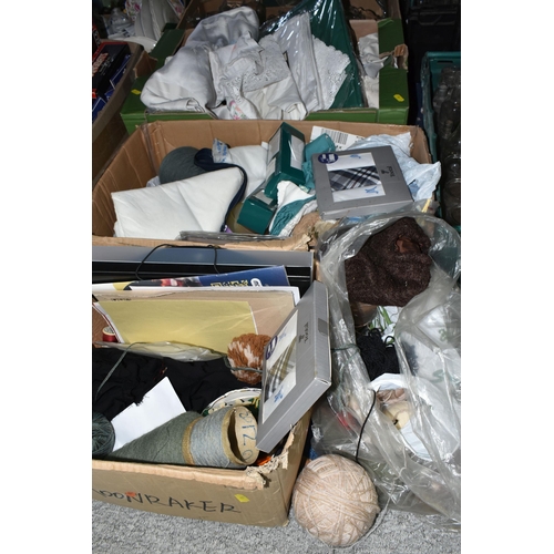 531 - THREE BOXES OF HABERDASHERY AND TABLE LINEN ETC, to include reels of knitting machine wool, balls of... 