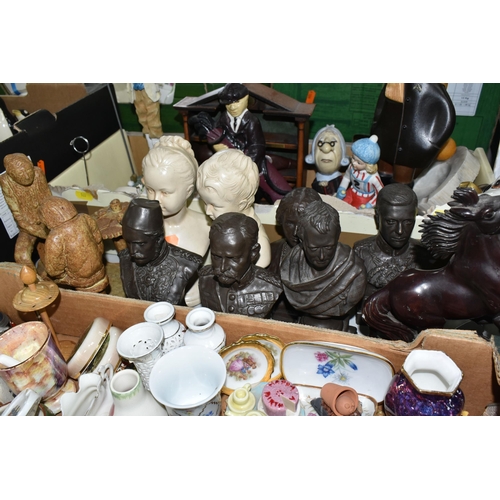 533 - FIVE BOXES AND LOOSE DECORATIVE ORNAMENTS ETC, to include bronzed resin sculptures of Edward VIII, L... 