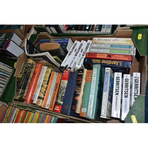 534 - FIVE BOXES OF ASSORTED FICTION AND NON FICTION BOOKS, to include a box of vintage Penguin books, mod... 