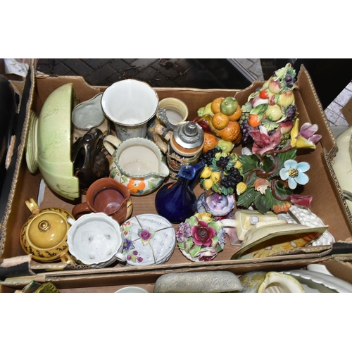 535 - SIX BOXES AND LOOSE CERAMICS, including a Rosenthal Classic Rose face jug, a pair of Japanese satsum... 