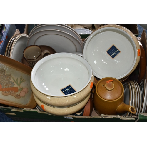 536 - TWO BOXES OF ASSORTED DENBY DINNERWARE, comprising three large 'Luxor' design fruit bowls, 'Savoy' p... 