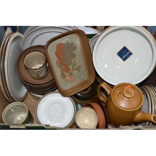 536 - TWO BOXES OF ASSORTED DENBY DINNERWARE, comprising three large 'Luxor' design fruit bowls, 'Savoy' p... 