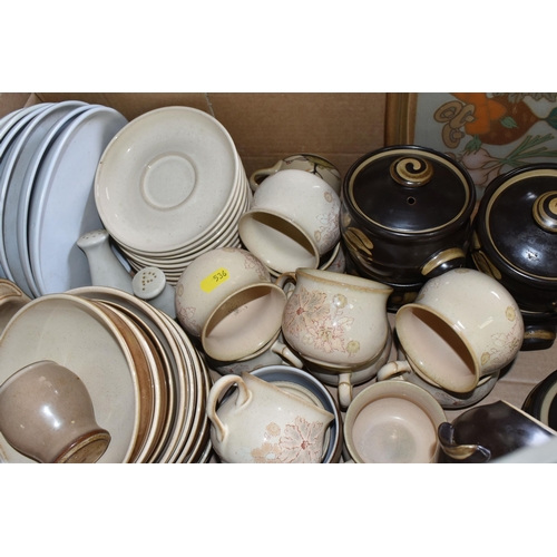 536 - TWO BOXES OF ASSORTED DENBY DINNERWARE, comprising three large 'Luxor' design fruit bowls, 'Savoy' p... 