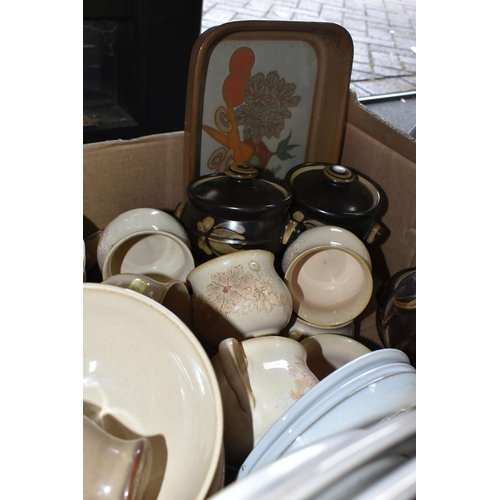 536 - TWO BOXES OF ASSORTED DENBY DINNERWARE, comprising three large 'Luxor' design fruit bowls, 'Savoy' p... 