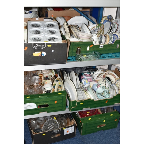 541 - SIX BOXES OF CERAMICS AND GLASS, including mugs, teapot stands, assorted drinking glasses, press mou... 