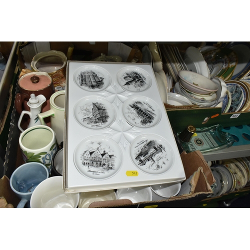 541 - SIX BOXES OF CERAMICS AND GLASS, including mugs, teapot stands, assorted drinking glasses, press mou... 