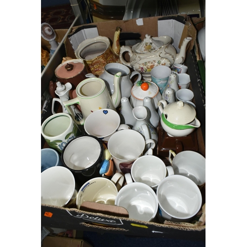 541 - SIX BOXES OF CERAMICS AND GLASS, including mugs, teapot stands, assorted drinking glasses, press mou... 