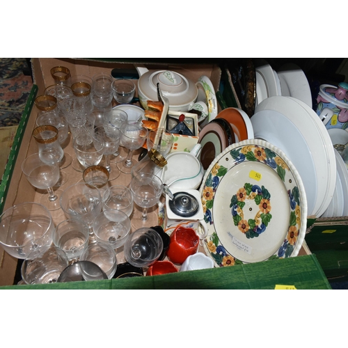 541 - SIX BOXES OF CERAMICS AND GLASS, including mugs, teapot stands, assorted drinking glasses, press mou... 