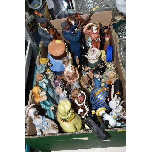 543 - TWO BOXES AND LOOSE GLASSWARE, PIN BADGES, RESIN FIGURES ETC, including three resin musician figures... 