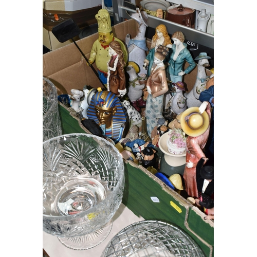 543 - TWO BOXES AND LOOSE GLASSWARE, PIN BADGES, RESIN FIGURES ETC, including three resin musician figures... 