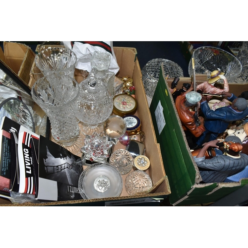 543 - TWO BOXES AND LOOSE GLASSWARE, PIN BADGES, RESIN FIGURES ETC, including three resin musician figures... 