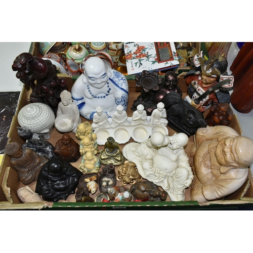 545 - TWO BOXES OF ORIENTAL ORNAMENTS AND CERAMICS ETC, to include a resin Buddha figure with erotic scene... 