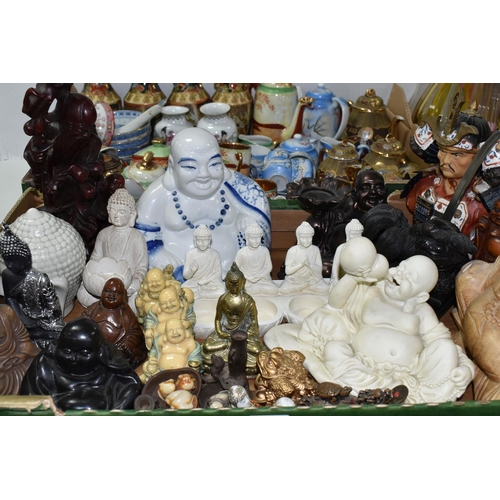 545 - TWO BOXES OF ORIENTAL ORNAMENTS AND CERAMICS ETC, to include a resin Buddha figure with erotic scene... 