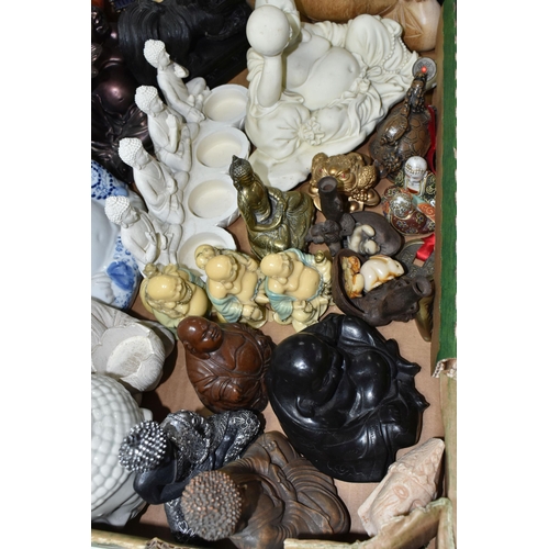 545 - TWO BOXES OF ORIENTAL ORNAMENTS AND CERAMICS ETC, to include a resin Buddha figure with erotic scene... 