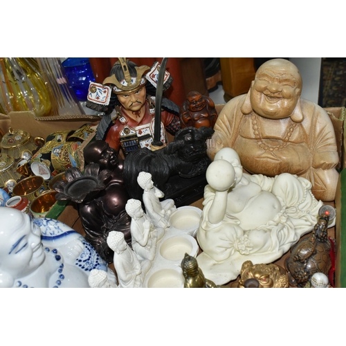 545 - TWO BOXES OF ORIENTAL ORNAMENTS AND CERAMICS ETC, to include a resin Buddha figure with erotic scene... 