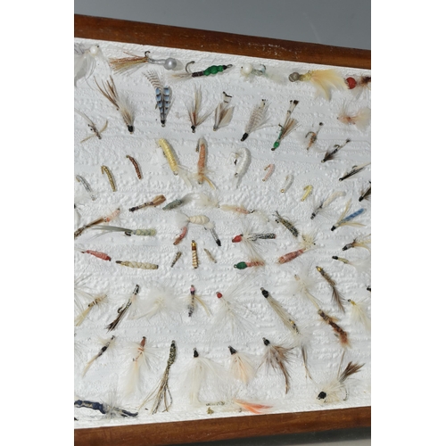 549 - A DISPLAY BOX OF VINTAGE SALMON AND TROUT FLIES, a quantity of flies are mounted into a glass topped... 