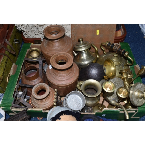 550 - A QUANTITY OF METAL WARES AND SUNDRY ITEMS ETC, to include  brass kettles, candlesticks and vases, c... 