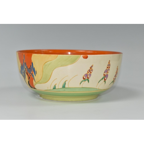 551 - A CLARICE CLIFF 'WINDBELLS' DESIGN BOWL, with a vibrant orange, yellow, green and cream banding on t... 