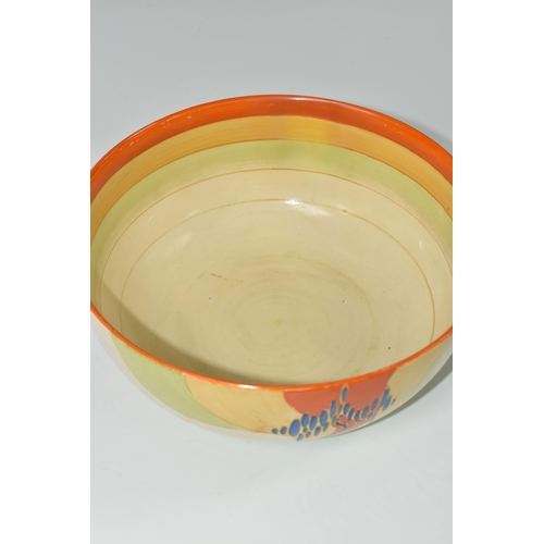 551 - A CLARICE CLIFF 'WINDBELLS' DESIGN BOWL, with a vibrant orange, yellow, green and cream banding on t... 