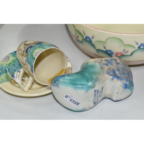 553 - A GROUP OF CLARICE CLIFF AND SHORTER & SONS POTTERY, comprising a 'Clouds' design bowl, pink and gre... 