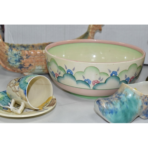 553 - A GROUP OF CLARICE CLIFF AND SHORTER & SONS POTTERY, comprising a 'Clouds' design bowl, pink and gre... 