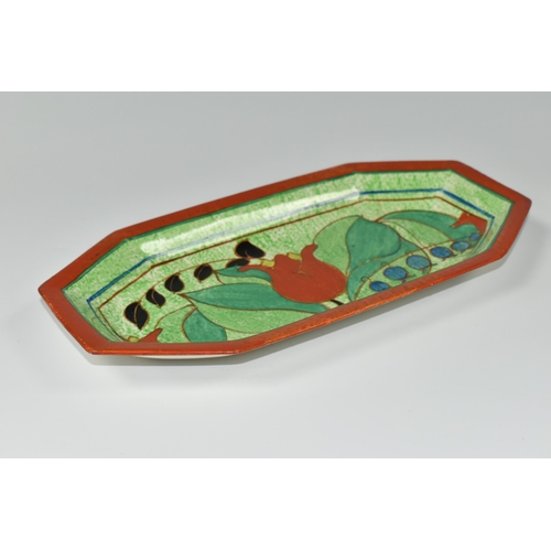 554 - A CLARICE CLIFF BIZARRE RED TULIP PATTERN CAFE AU LAIT SANDWICH TRAY, shape NO. 344, hand painted wi... 