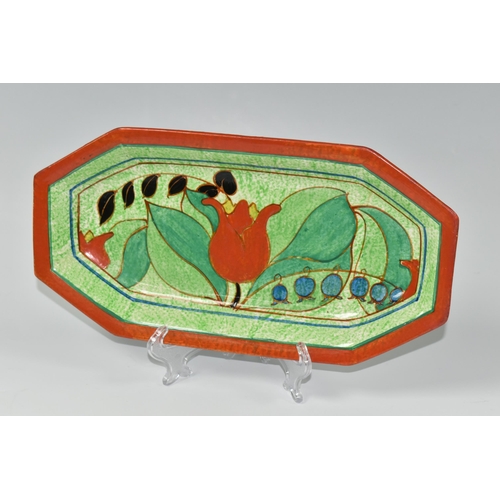 554 - A CLARICE CLIFF BIZARRE RED TULIP PATTERN CAFE AU LAIT SANDWICH TRAY, shape NO. 344, hand painted wi... 