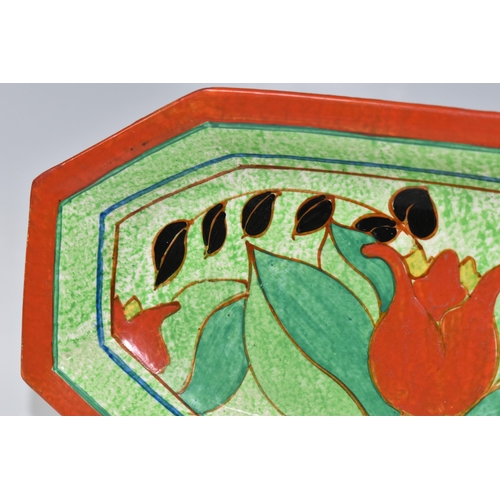 554 - A CLARICE CLIFF BIZARRE RED TULIP PATTERN CAFE AU LAIT SANDWICH TRAY, shape NO. 344, hand painted wi... 